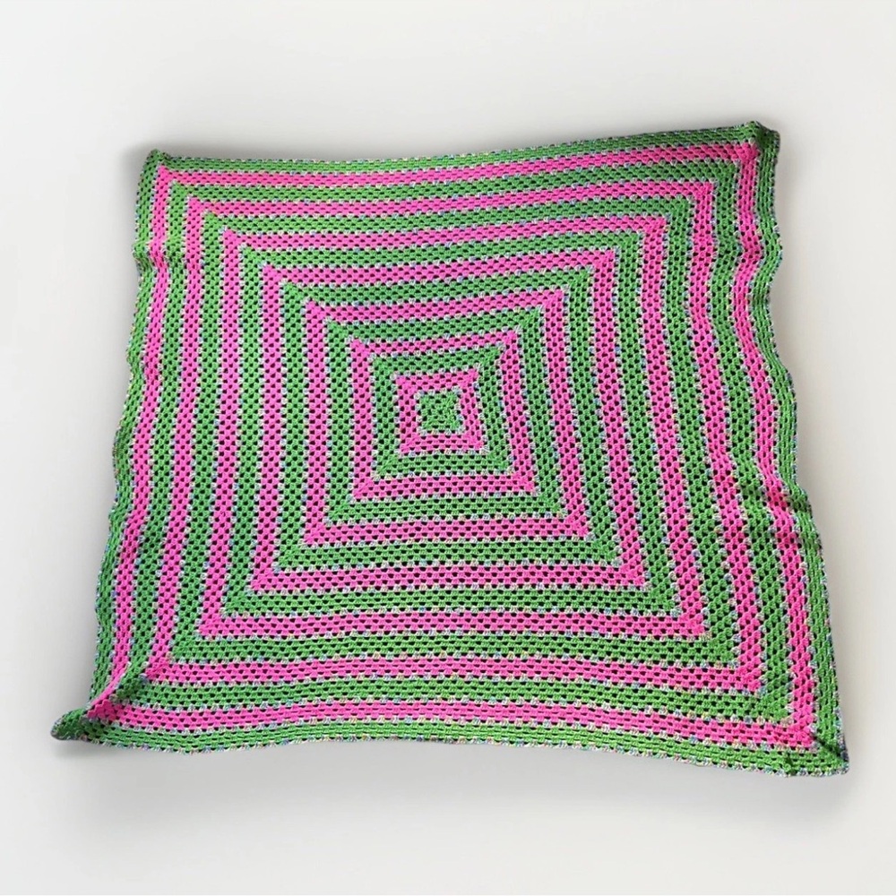 Vintage Handmade Crochet Granny Blanket Pink Green Square Cottagecore 64 x 64